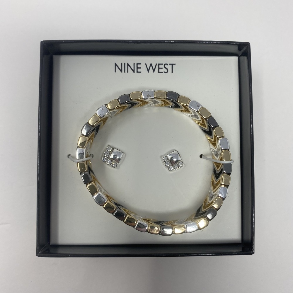 Nine West Two Tone Stretch Bracelet & Crystal Stud Earrings‎ Set New in Box